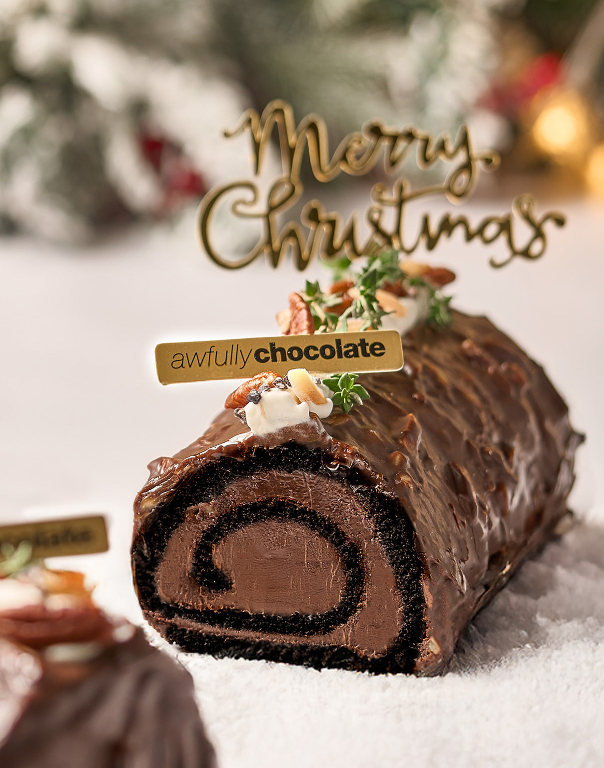 Triple Chocolate Almond Christmas Log Cake
